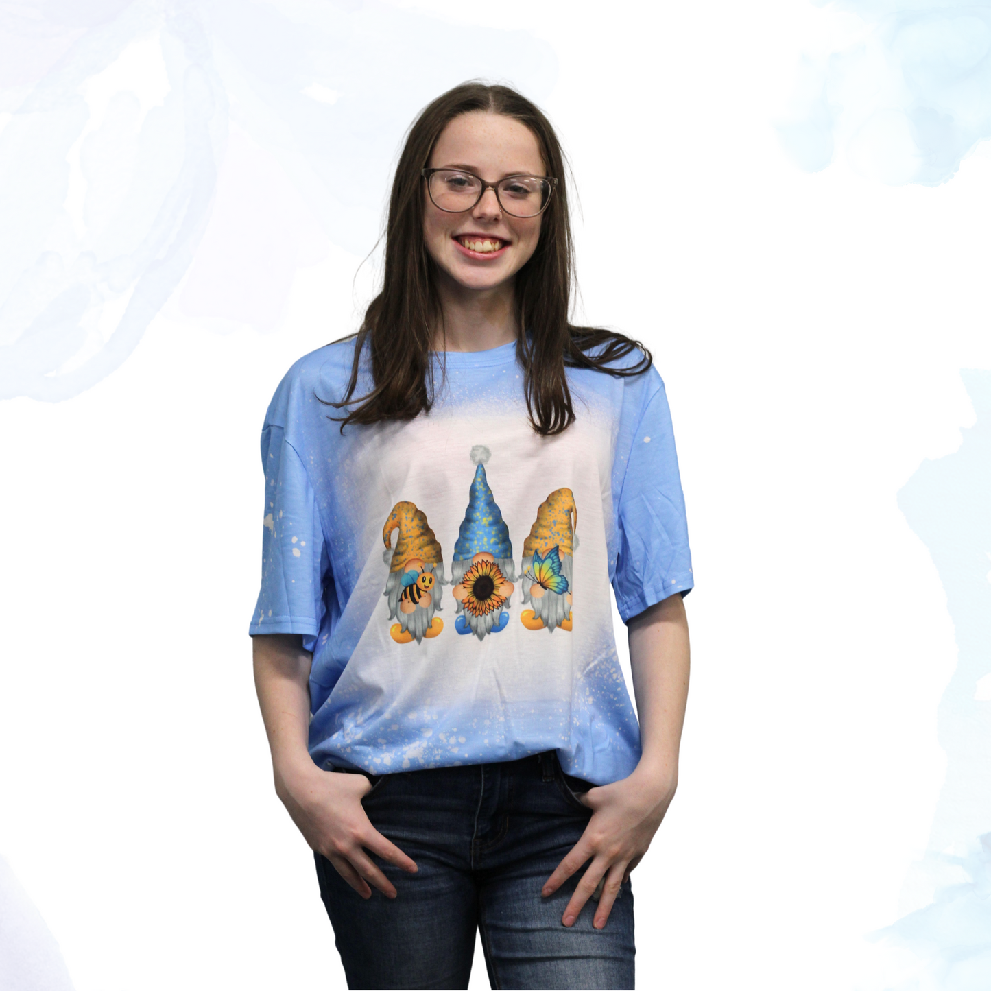 Sunflower, Bee, Butterfly Gnome Carolina Blue Faux Bleached Tee