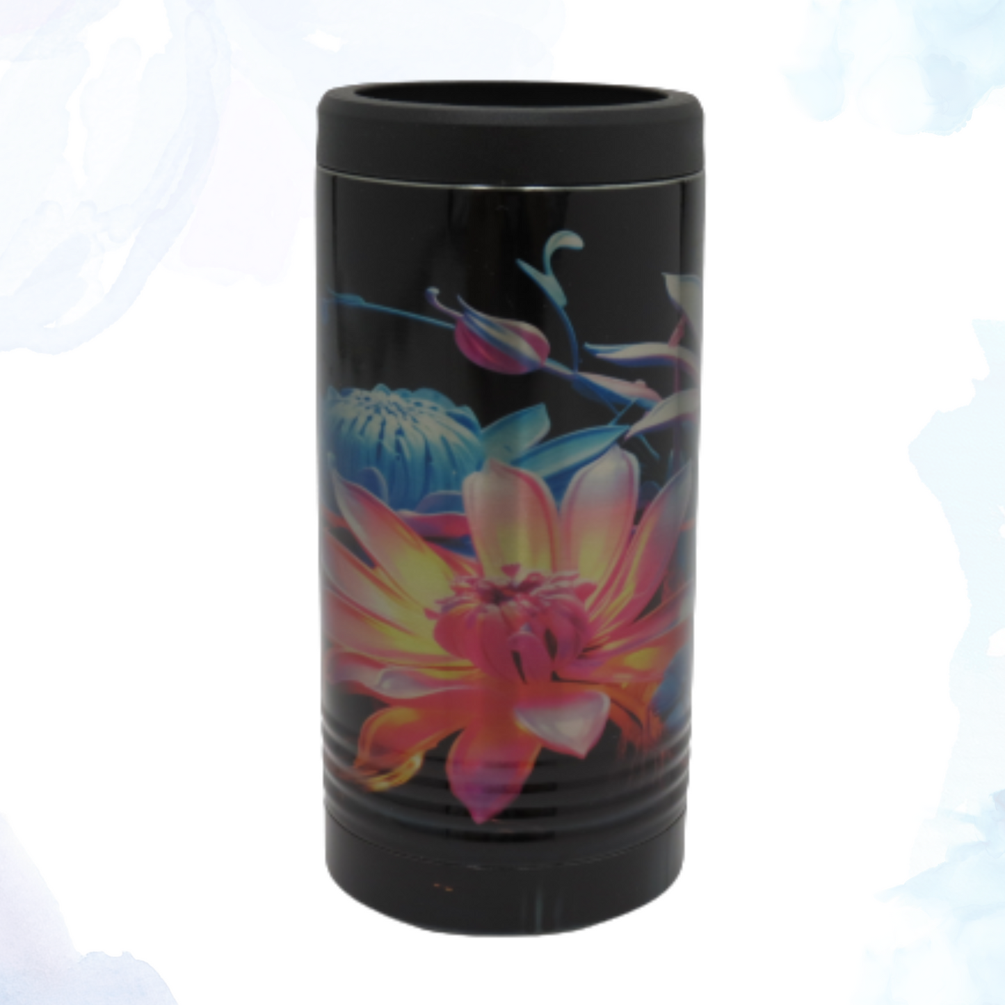 Skinny Stainless Can Koozie - Brilliant Neon Flowers