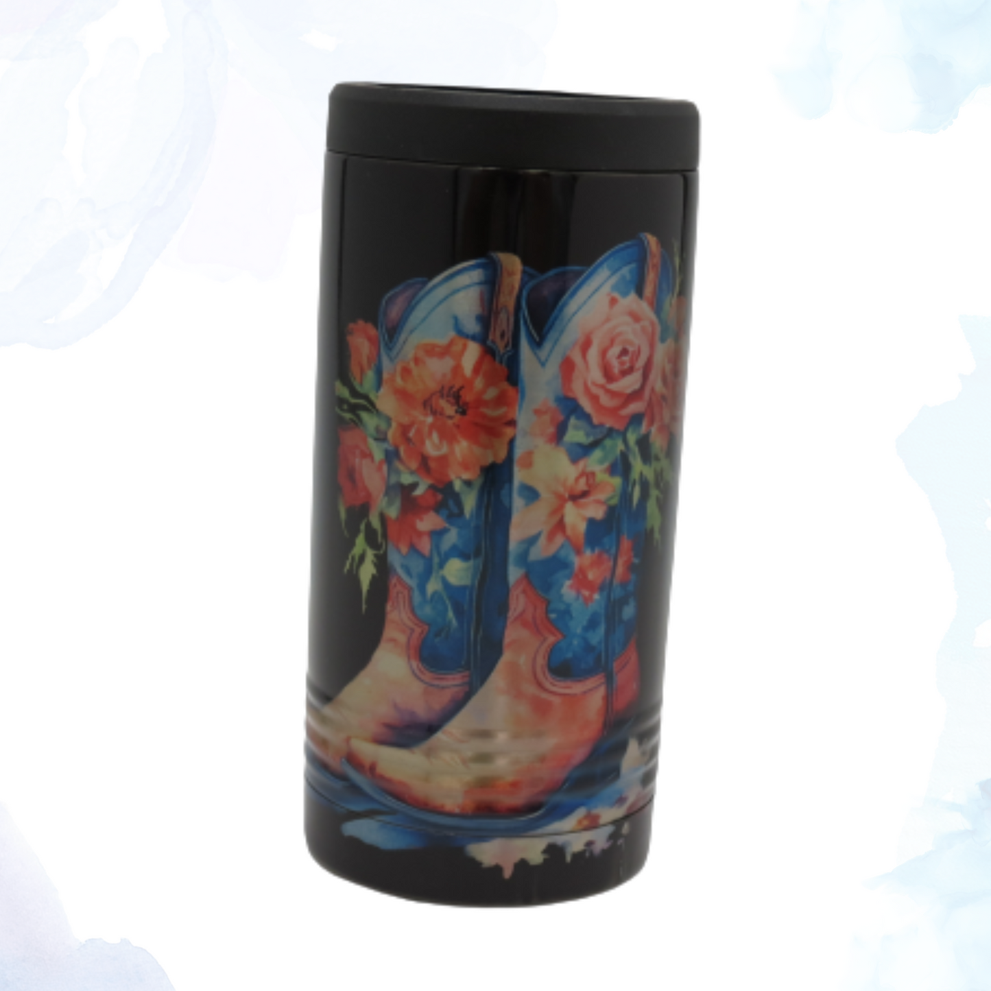 Skinny Stainless Can Koozie - Western Boots & Flowers