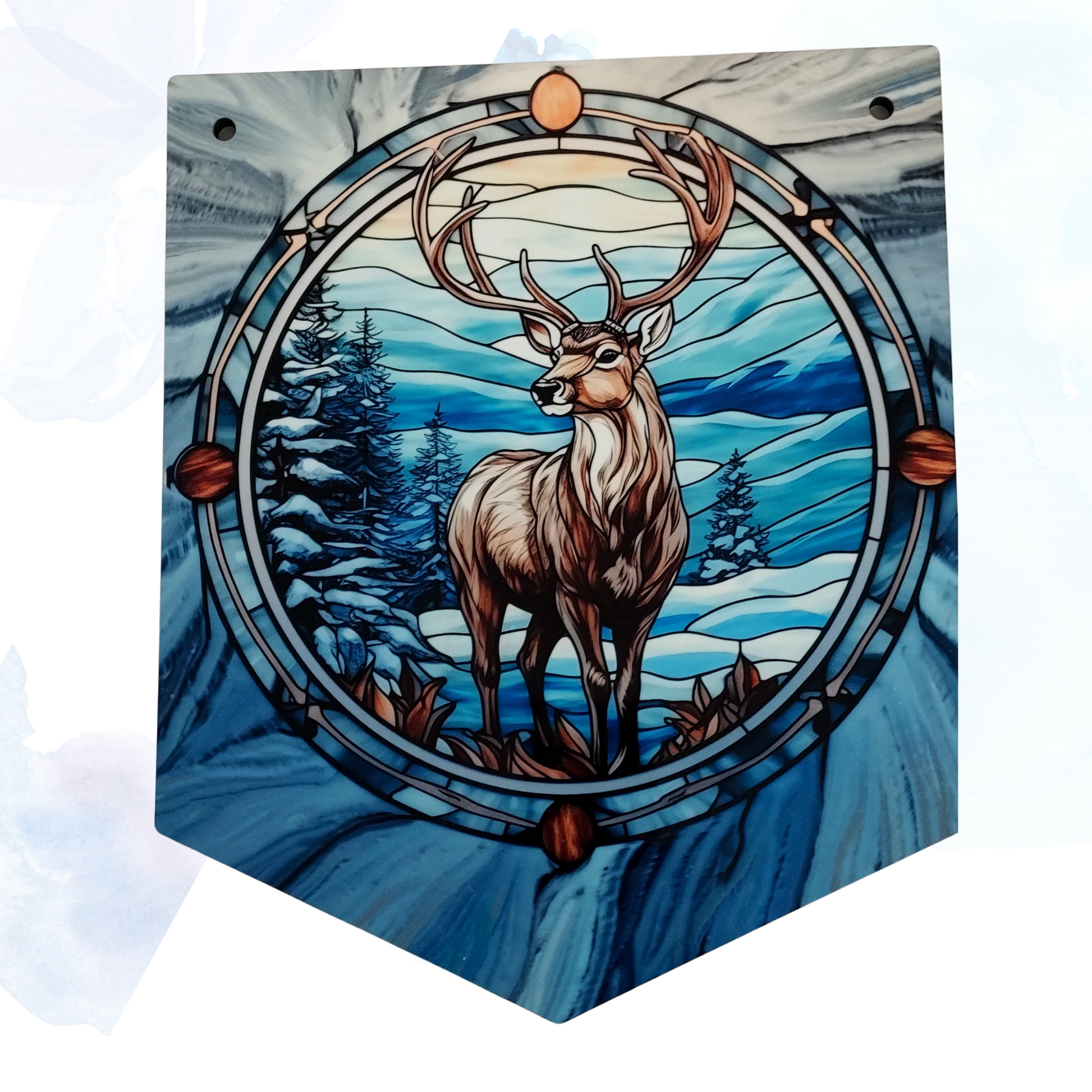 Transform your home into a serene winter wonderland with this exquisite Winter Deer Scene Hanging Pendant Sign.  &nbsp;Featuring a captivating design of graceful deer amidst a snowy forest, this sign beautifully captures the essence of the season. The intricate detailing and rustic charm make it a perfect addition to your holiday décor.