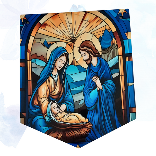 Nativity Scene Stained Glass Look Hanging Sign