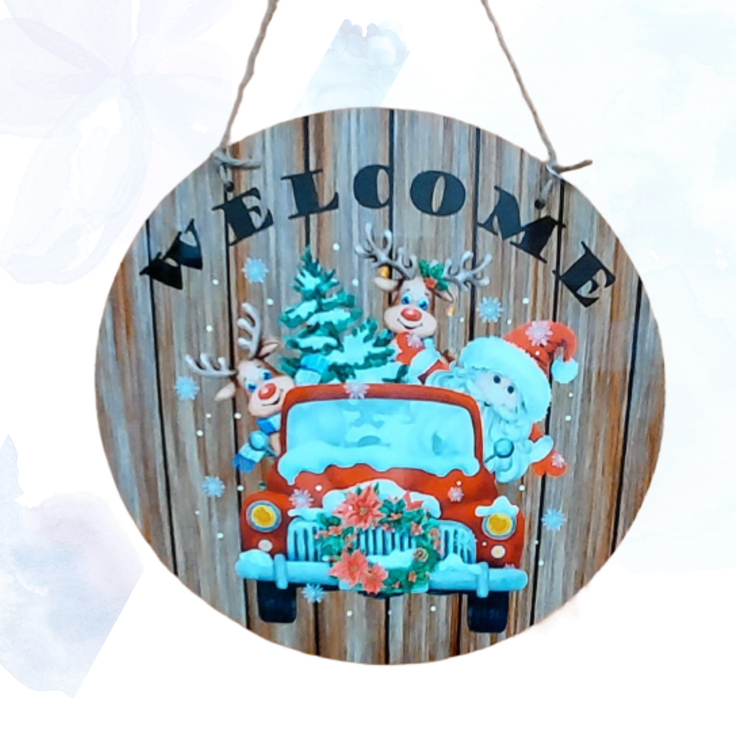 Welcome Santa with Truck and Reindeer Round Home Decor Sign