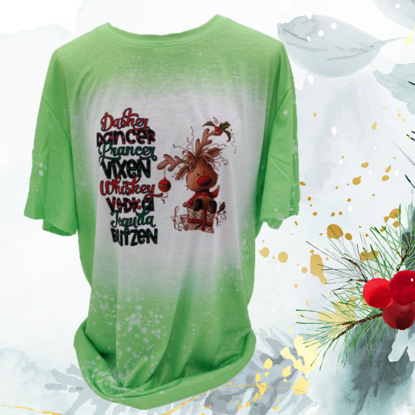 Christmas is a time for fun, parties and celebrating. You will be in the holiday spirit with this fun holiday themed faux bleached t-shirt.&nbsp;  Introducing the "Dasher, Dancer, Prancer, Vixen, Whiskey, Vodka, Tequila, Blitzen Faux Bleached Tee," where festive spirit meets modern style. This unique tee blends classic holiday cheer with contemporary fashion, making it a must-have for every celebration.